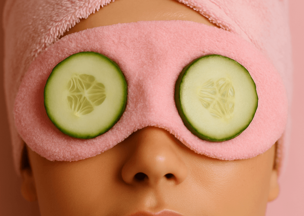 Detail obličeje ženy s jemnou domácí maskou – růžový ručník a plátky okurky na zavřených očích jako symbol relaxace a péče o víčka pro lepší výdrž řas.